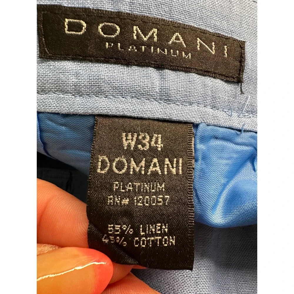 Domani Platinum Baggy Linen Trousers Mens 34 Blue Linen Cotton Pleated Cuffed